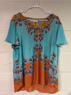 Rose + Olive Boho Blouse Womens 1X Colorful Pleated Sheer Bohemian Lightweight